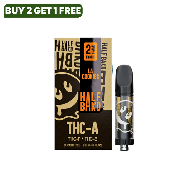 Image of a Half Bak'd THC-A Cartridge | 2g labeled "LA Cookies," containing 2 grams (0.07 fl oz). The package also mentions THC-P and THC-8, and is identified as a hybrid. Ideal for use with 510 vape batteries.