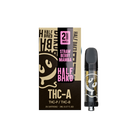 Package and cartridge of Half Bak'd THC-A Cartridge | 2g, featuring 2 grams of Indica and ingredients THC-P and THC-8. These cartridges are compatible with 510 vape batteries.