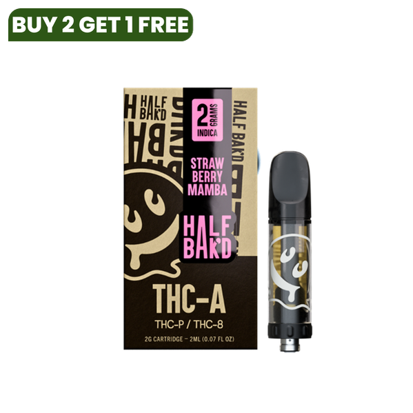 Package and cartridge of Half Bak'd THC-A Cartridge | 2g, featuring 2 grams of Indica and ingredients THC-P and THC-8. These cartridges are compatible with 510 vape batteries.