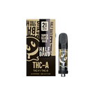 A Half Bak'd Half Bak'd THC-A Cartridge | 2g in Super Silver Haze flavor, containing 2 grams of Sativa and compatible with 510 vape batteries. The black and gold box, along with the cartridge, features a smiling face logo. Enjoy a premium THC-A live resin experience.