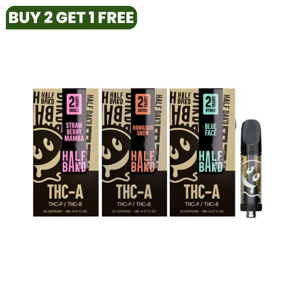 Three Half Bak'd THC-A Cartridges | 2g labeled "Strawberry Mamba," "Hawaiian Snow," and "Blue Face" from the brand Half Bak'd are displayed next to a single vape cartridge, ready for use with 510 vape batteries.