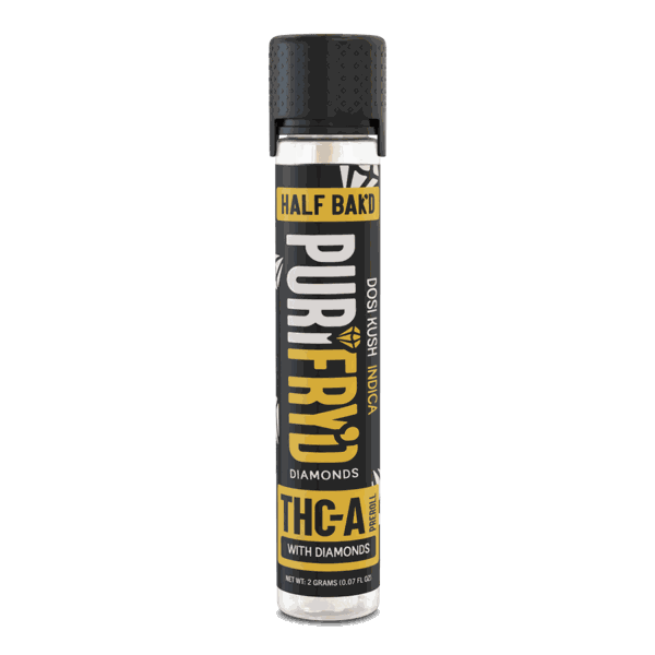 A small transparent tube labeled "Half Bak'd Half Bak'd THC-A Diamonds Pre Rolls | 2g" containing a yellow-colored substance, a true connoisseur's choice for premium THC-A diamonds.