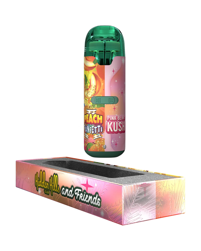 A green Hidden Hills & Friends Dual Disposable vape pen, featuring "Peach Confetti" and "Pink Berry Kush," sits above its vibrant box labeled "Hidden Hill and Friends." This 2g BBF Blend promises a smooth THC-A experience in a sleek design.