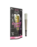 A Hidden Hills Diamond Boyz Pre Roll | 2.2g is displayed beside its packaging, featuring a diamond-coated tip and THC-A flower and concentrate from the Diamond Donut Hashholes collection.