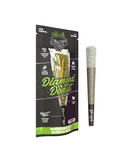 A Hidden Hills Diamond Boyz Pre Roll (2.2g) with a glittery tip is shown beside its packaging, labeled "Diamond Donut Hashholes" in the "Watermelon Bubble Gum" flavor by Hidden Hills.