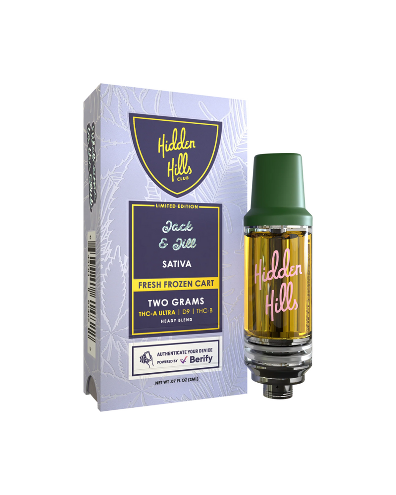 A Hidden Hills Heady Blend THCA Cartridge | 2g, identified by its green cap, sits beside a box labeled "Hidden Hills Heady Blend Jack & Jill, Sativa, Two Grams, Fresh Frozen Cart." The label details THC-A Ultra, D9, THC-P, and product verification information.