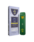 A green Hidden Hills vape device and its packaging, labeled "Hidden Hills Heady Blend THCA Disposable | 2g," containing two grams of premium THCA distillate Dream Sativa with THC-A Ultra. The packaging mentions the product is THC-8 compatible.