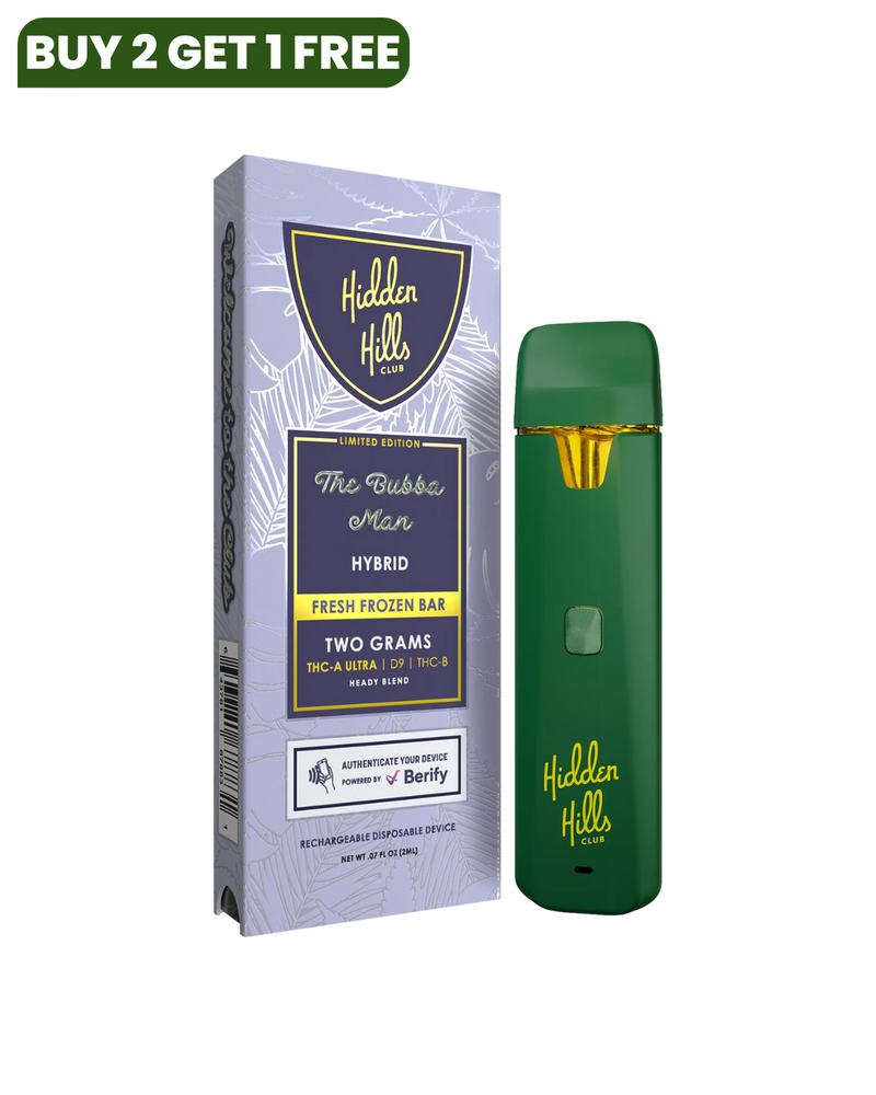 Green vape pen with Hidden Hills branding, next to a green and purple boxed packaging labeled “Hidden Hills Heady Blend THCA Disposable | 2g” hybrid. Fresh frozen bar contains premium THCA distillate, two grams, featuring THC-A, Delta-8 THC, and THC-P.