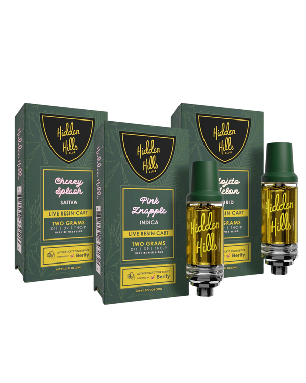 Three boxes of Hidden Hills Live Resin Cartridge | 2g (Cheesy Splash, Pink Snapper, Zkittles) with two cartridges displayed in front. Each box contains two grams of 91% THC oil, available in Delta 9 or Delta 11 variations.