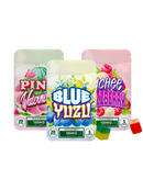 Three vibrant Hidden Hills Pack-A-Punch Gummies by Hidden Hills in Pink Watermelon, Blue Yuzu, and Lychee Razzberry flavors, each pack with 5 gummies and 100mg hemp-derived THC-P edibles, with tasty gummies shown in front.