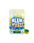 A bag of Hidden Hills Pack-A-Punch Gummies (Hidden Hills) labeled "Blue Yuzu," 100mg total THC, 20mg per piece (5 pieces), is shown with a blue and yellow hemp-derived THC-P gummy beside it.