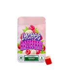 A pink "Hidden Hills Pack-A-Punch Gummies" pouch labeled "Lychee Razzberry," with lychee and raspberry images, contains 5 hemp-derived THC-P edibles (100mg total, 20mg each); a single red gummy is pictured next to the pouch.