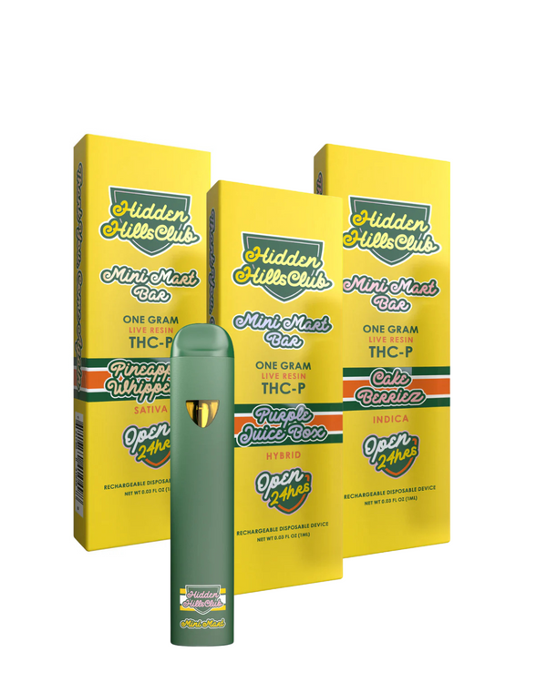 The sleek Hidden Hills Mini Mart THCP Disposable | 1g vape pen features "Runtz Juice Box" branding and stands out in front of three yellow and green "Hidden Hills Club" boxes, offering flavors like Peach Live Resin and Blue Banana. Experience its premium THCP distillate design.