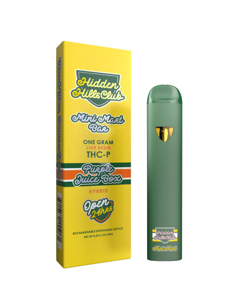 A green vape pen sits beside yellow and green packaging marked "Hidden Hills Mini Mart THCP Disposable | 1g, Mint Mac Bar, Pupus Juice Box." This hybrid live resin formula contains 1 gram of premium THCP distillate. Open 24hrs for your enjoyment.