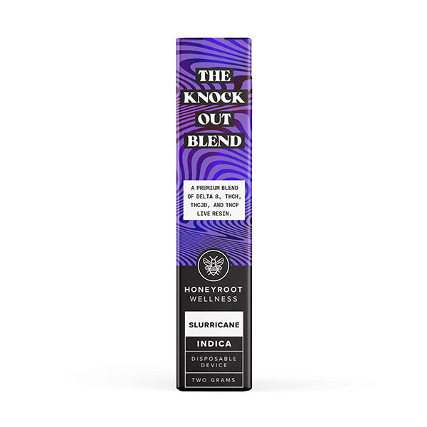 Presenting the Honeyroot Knockout Blend Disposable | 2g from Honeyroot. This product features a premium mix of Delta-8, THC-H, and THC-P live resin, all conveniently packed into a two-gram device.