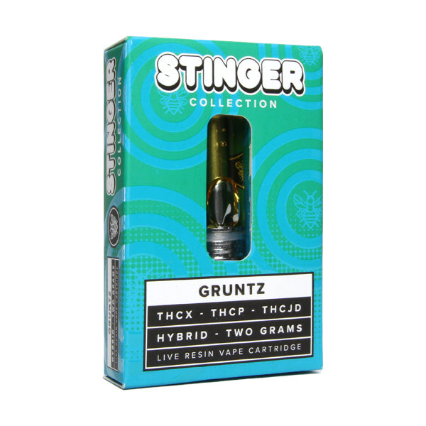 Packaging for a Honeyroot Stinger Collection Cartridge labeled "Gruntz," from HoneyRoot, contains THCX, THCP, THCJD, and two grams of hybrid live resin. This product combines cutting-edge cannabinoids with the convenience of a disposable vape.