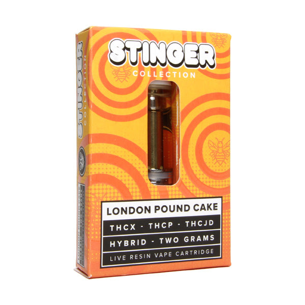 A Honeyroot Stinger Collection Cartridge | 2g disposable vape, branded as Honeyroot and labeled as London Pound Cake. It contains THCX, THCP, THCJD, and Delta 8 THC in a hybrid strain. The product is packaged in orange with circular patterns.