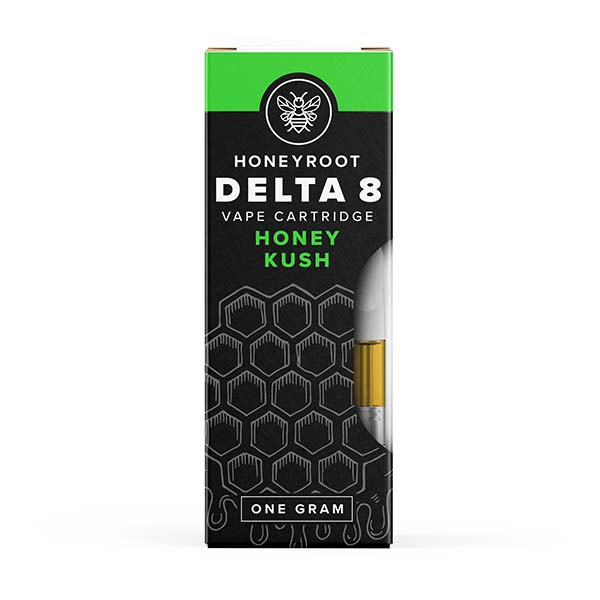 A box labeled "Honeyroot Delta 8 Cartridge | 1g" with a honeycomb design and visible vape cartridge inside. Experience the premium quality of Honeyroot's 1 Gram Cartridge, delivering the best Delta 8 THC in every puff.