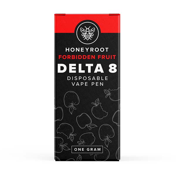 Box of Honeyroot Delta 8 Disposable Vape Pens, one gram, designed in red and black with fruit icons for ultimate relaxation.