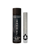 A cylindrical, black container labeled "Imperial THCA Pre-Rolls | 2g" sits beside a pre-rolled joint. The container highlights 2G Imperial THC-A Diamond Infused Prerolls and boasts a blend of 1.5G top-shelf flower with 0.5G THCA Diamonds.