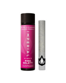 A cylindrical container labeled "Imperial Hybrid Pink Gelatti" with a pre-rolled joint next to it. The package mentions "Imperial THCA Pre-Rolls | 2g," highlighting Imperial THC-A Diamond Infused Prerolls for a premium experience.