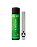 A green and black container labeled "Imperial Indica Yoda OG" stands next to an Imperial THCA Pre-Rolls | 2g, adorned with a floral-shaped logo at the base.