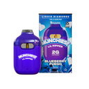 The Munchies Lil Ripper THCA Disposable Vape by Delta Munchies, with a 2g capacity and in the Blueberry Fuego Sativa flavor, is shown beside its vibrant blue packaging, which features an image of the vape pen.