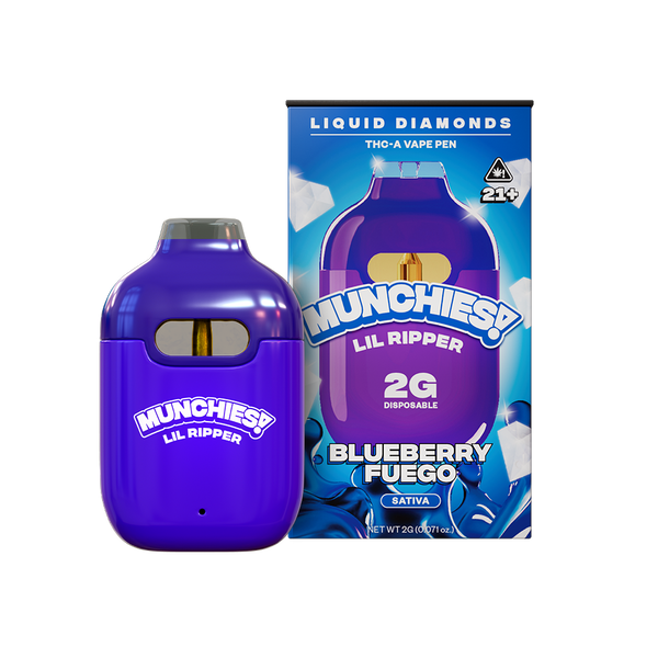 The Munchies Lil Ripper THCA Disposable Vape by Delta Munchies, with a 2g capacity and in the Blueberry Fuego Sativa flavor, is shown beside its vibrant blue packaging, which features an image of the vape pen.