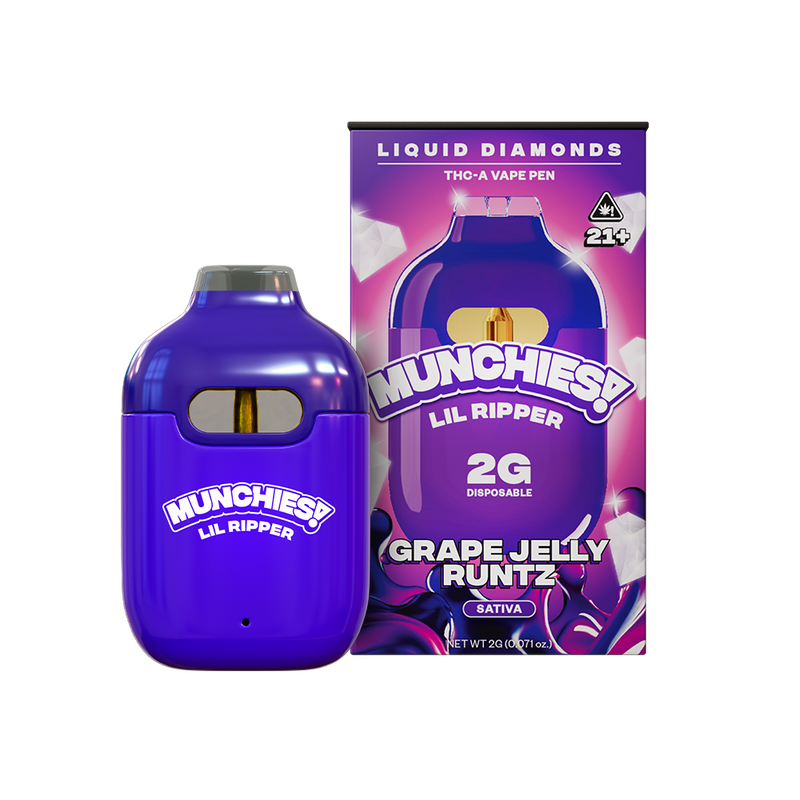 Image of a Delta Munchies Munchies Lil Ripper THCA Disposable Vape and its packaging, highlighting the Grape Jelly Runtz flavor. The box shows that it's a rechargeable vape pen with 2 grams and is categorized as sativa.