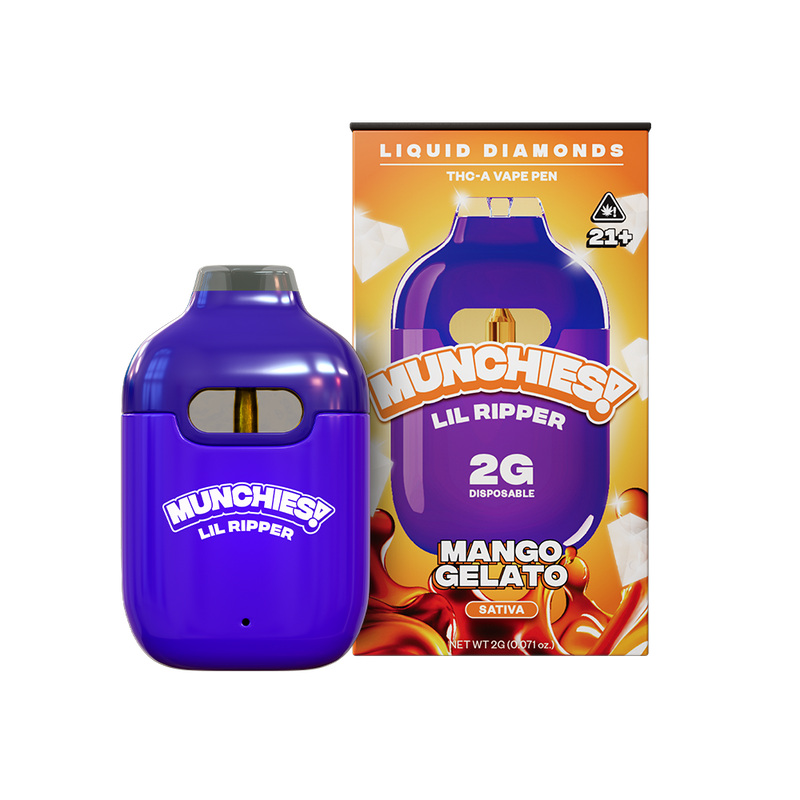 Image of a purple disposable vape device next to its packaging. The packaging reads "MUNCHIES! LIL RIPPER G" and "MANGO GELATO" with a "21+" age restriction symbol. This Munchies Lil Ripper THCA Disposable Vape | 2g by Delta Munchies is among the sleek rechargeable vapes offering delightful flavors for connoisseurs.