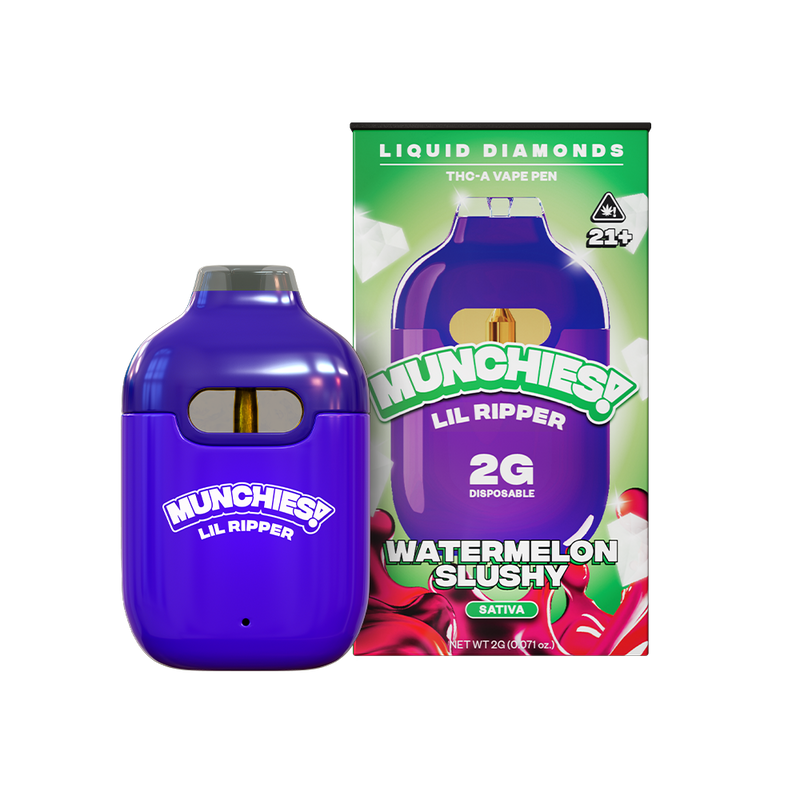 A purple vape pen labeled "Munchies Lil Ripper" sits beside packaging adorned with images of watermelon slices, featuring the text "Watermelon Slushy." The packaging indicates that it's a 2g disposable THCA Liquid Diamond Vape Pen from Delta Munchies, boasting lab-tested quality.