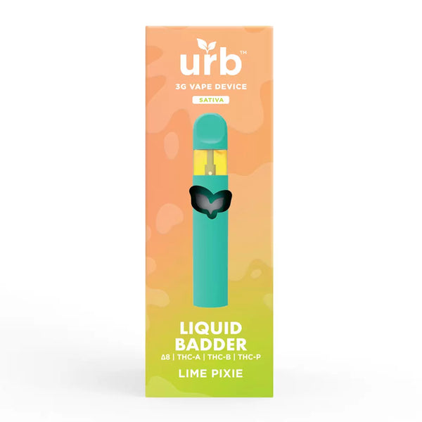 A box of Urb Liquid Badder Disposable | 3g labeled "Sativa" and "Delta-8 THC" with a "Lime Pixie" flavor. The gradient orange and green packaging features a picture of the disposable vape pen.