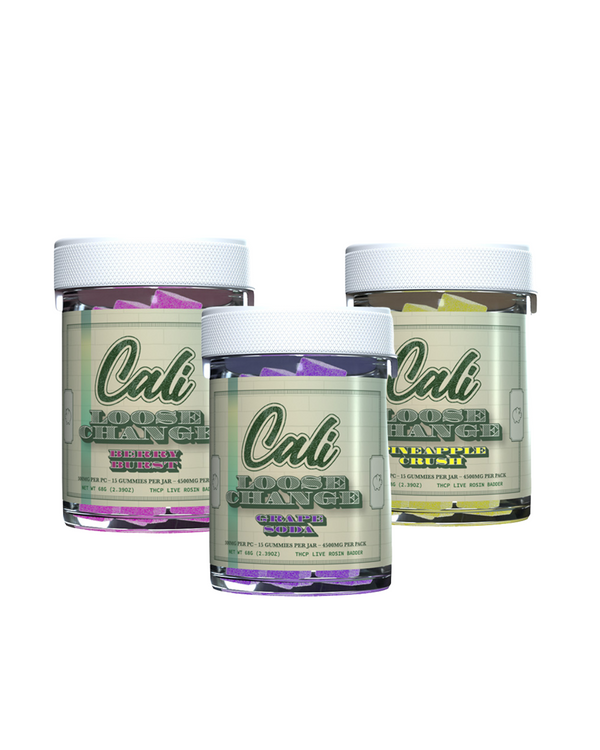 Three jars labeled "Cali Extrax Loose Change Gummies 15ct | 4500mg" featuring flavors: Birthday Berry, Citrus Dream, and Lemon Sour. The transparent jars reveal colorful Delta 8 THC infused gummy candies inside.