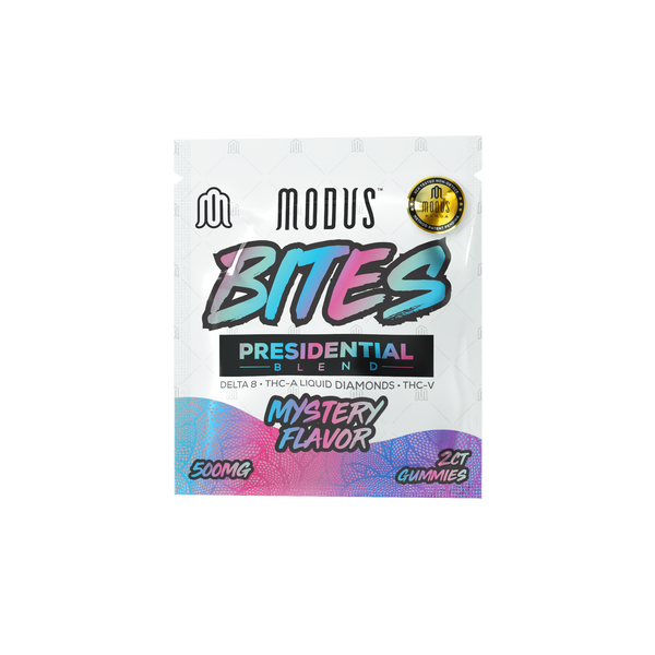 A white package labeled "Modus Presidential Blend Gummies | 2ct" features text highlighting "Delta 8, THC-A Liquid Diamonds, THC-V," and "Mystery Flavor." The package contains 500mg, 21 rapid action gummies. These Modus Presidential Blend Gummies boast a potent THC content for an elevated experience.