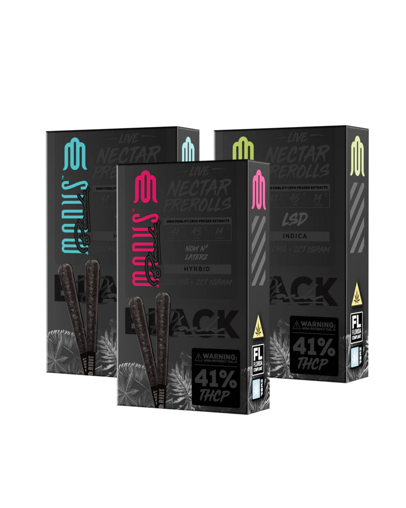 Three boxes of Modus Black Live Nectar Prerolls | 2ct are displayed, each showcasing premium cannabis with distinct strains and THCP percentages.