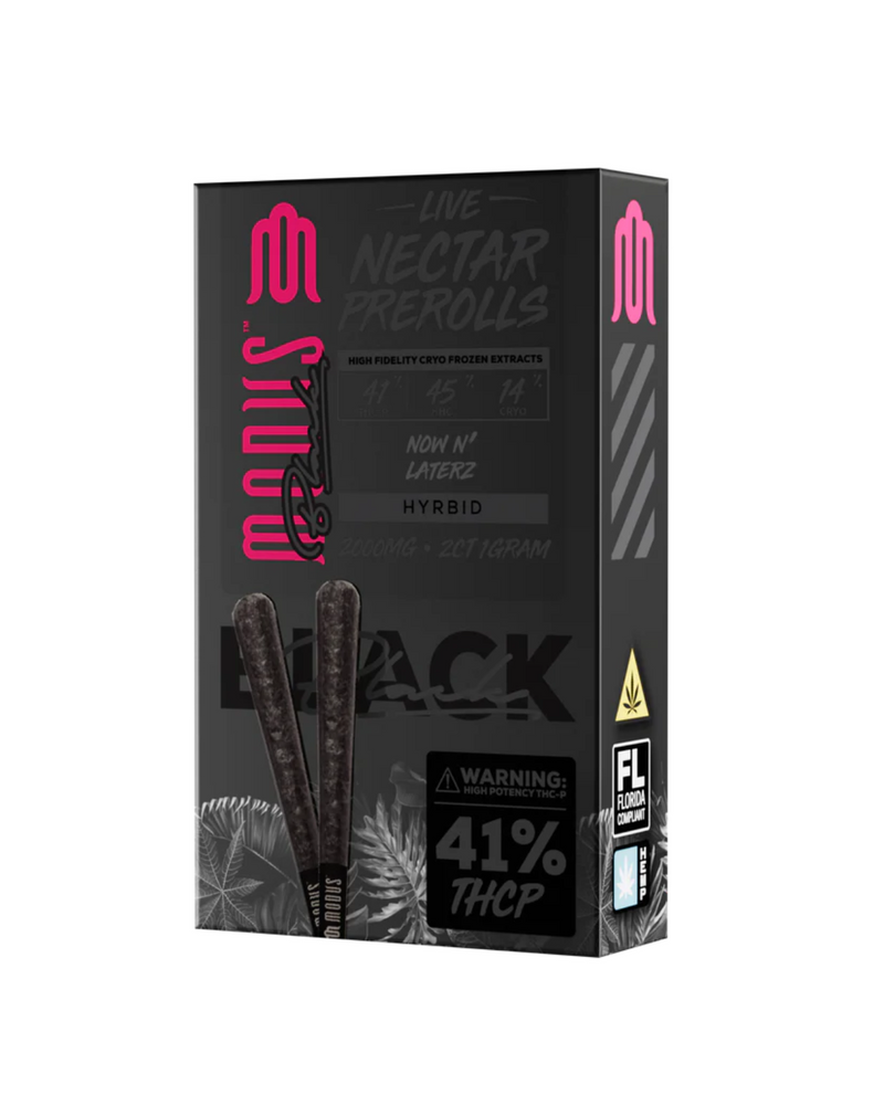 Introducing premium cannabis: "Modus Black Live Nectar Prerolls" by Modus. Infused with live nectar, they contain 41% THCP and feature hand-selected hemp flower, complete with a warning label.