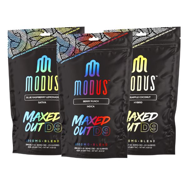 Image of three black Modus product packages featuring Modus Maxed Out D9 Gummies | 1000mg in flavors: Blue Raspberry Lemonade (Sativa), Berry Punch (Indica), and Pineapple Coconut (Hybrid) with THC content displayed, promising an elevated cannabis experience.