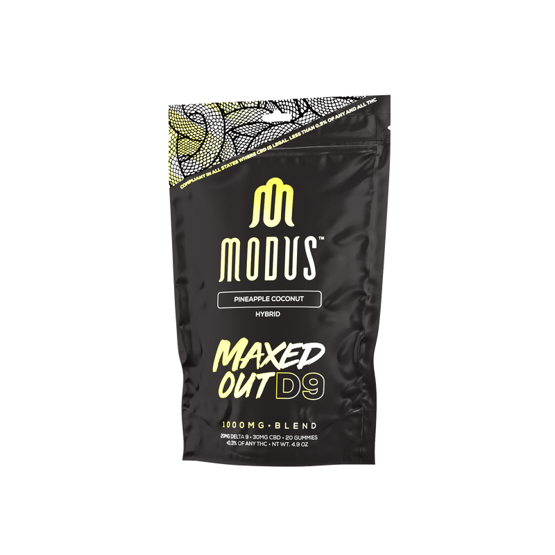 A black packaging pouch labeled "Modus Maxed Out D9 Gummies | 1000mg" boasts a 1000mg blend of THC-O, D-8, D-10, CBD, & CBN for a premium cannabis experience.