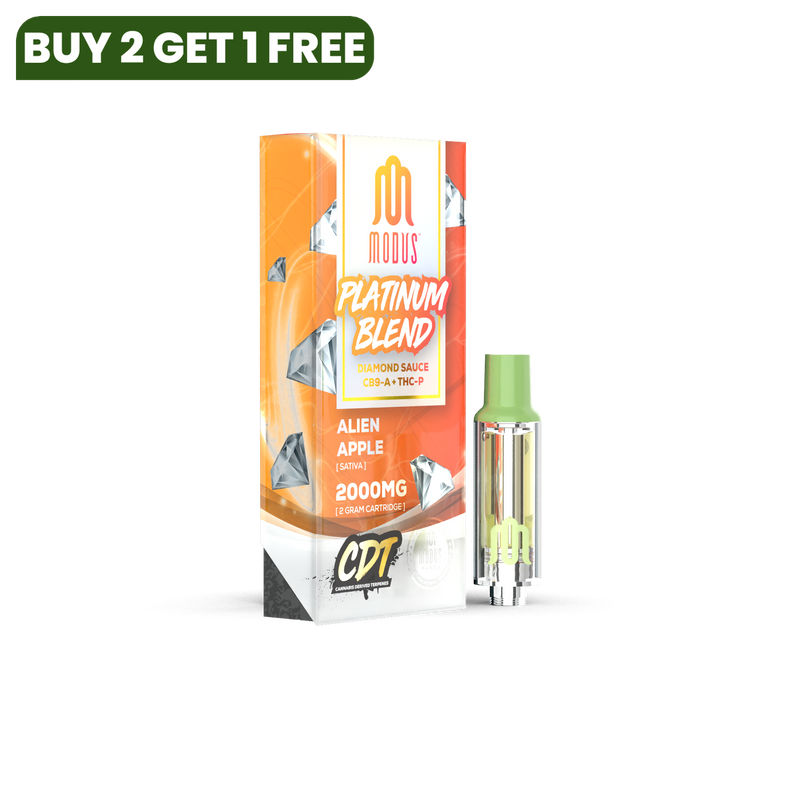 Box and vape cartridge for Modus Platinum Blend Cartridge | 2g in Alien Apple flavor, 2000mg strength, featuring cannabis distillate sauce with CDT. Experience the exceptional quality of Modus Platinum Blend Vape Carts with every puff.