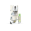 Box labeled "MOOVS PLATINUM BLEND" with "Diamond Sauce CBG-A + THC-P" and "OFF WHITE RUNTZ" next to a Modus Platinum Blend Cartridge | 2g with a green cap. 2000MG on the package, "CDT" at the bottom.