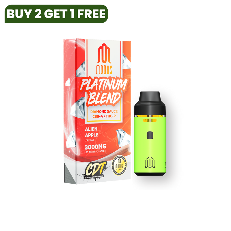 A Modus Platinum Blend Disposable | 3g box featuring the "Alien Apple" flavor and a robust 3000mg dosage sits next to a lime green vape device. The box highlights premium CB9-A and THC-P components, reminiscent of Diamond Sauce quality.