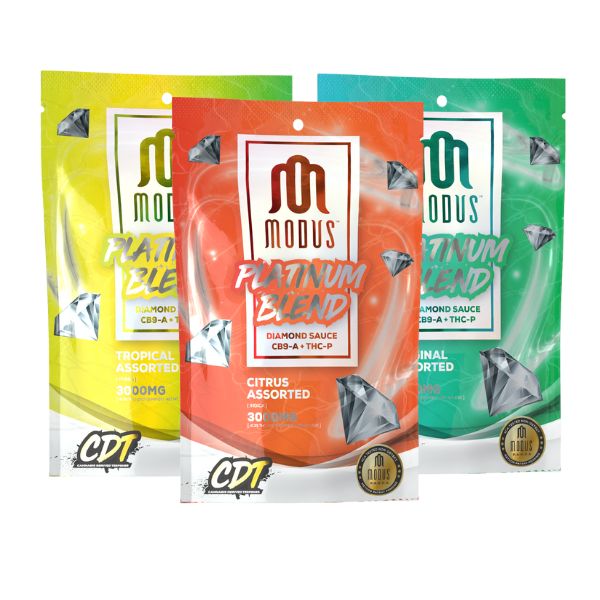 Three packs of Modus Platinum Blend Gummies | 3000mg in Tropical Assorted (yellow), Citrus Assorted (red), and Original Assorted (green) flavors, each infused with 300mg of THC-P Diamond Sauce.