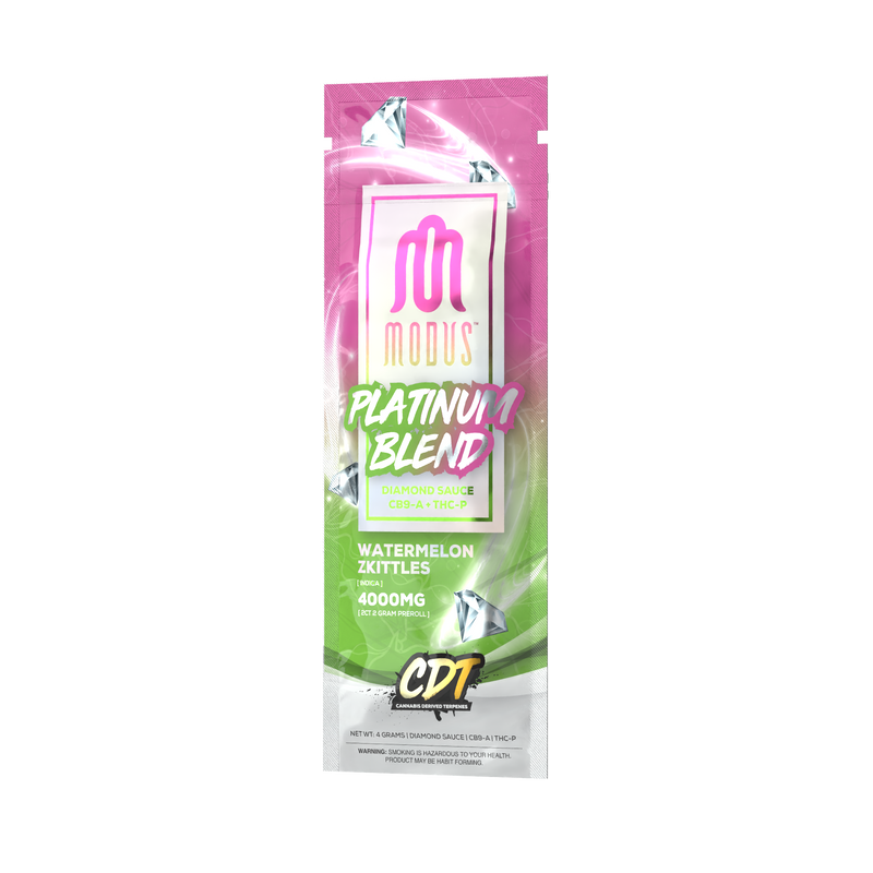 A packaging of Modus Platinum Blend Pre Rolls - 2ct | 4g, containing 4000mg of Watermelon Zkittlez with CDT, features diamond icons on a pink, green, and white background. The design is reminiscent of our premium Diamond Sauce line.