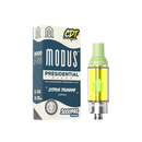 A box labeled "Modus Presidential Blend Cartridge | 3g" and a vape cartridge filled with yellow THC distillate. The box indicates 3000 MG, CDT, and THC-A, compatible with 510 vape batteries.
