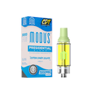 A box of Modus Presidential Blend Cartridge | 3g, displayed next to the 510 vape battery-compatible cartridge itself. The cartridge contains yellow THC distillate and has a green top.