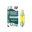 Modus Presidential Blend Cartridge | 3g packaging next to a yellow vape cartridge. The label indicates 3000MG of Sherbet Queen (Sativa) with THC-A, liquid diamonds, D-8, D-10, and THC-V. Compatible with 510 vape batteries, this premium product by Modus offers high-quality THC distillate for an exceptional experience.