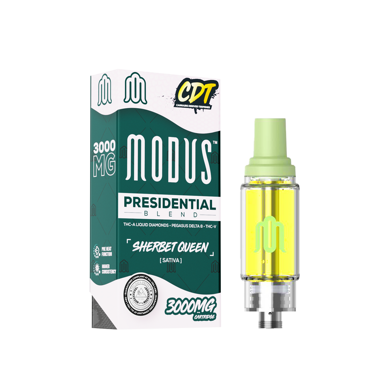 Modus Presidential Blend Cartridge | 3g packaging next to a yellow vape cartridge. The label indicates 3000MG of Sherbet Queen (Sativa) with THC-A, liquid diamonds, D-8, D-10, and THC-V. Compatible with 510 vape batteries, this premium product by Modus offers high-quality THC distillate for an exceptional experience.