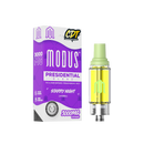 The image showcases a Modus Presidential Blend Cartridge | 3g vape product featuring high-quality THC distillate, boasting 3000 mg of THC. The purple and white packaging houses a clear cartridge filled with yellow liquid labeled "Starry Night (Hybrid)," compatible with 510 vape batteries.