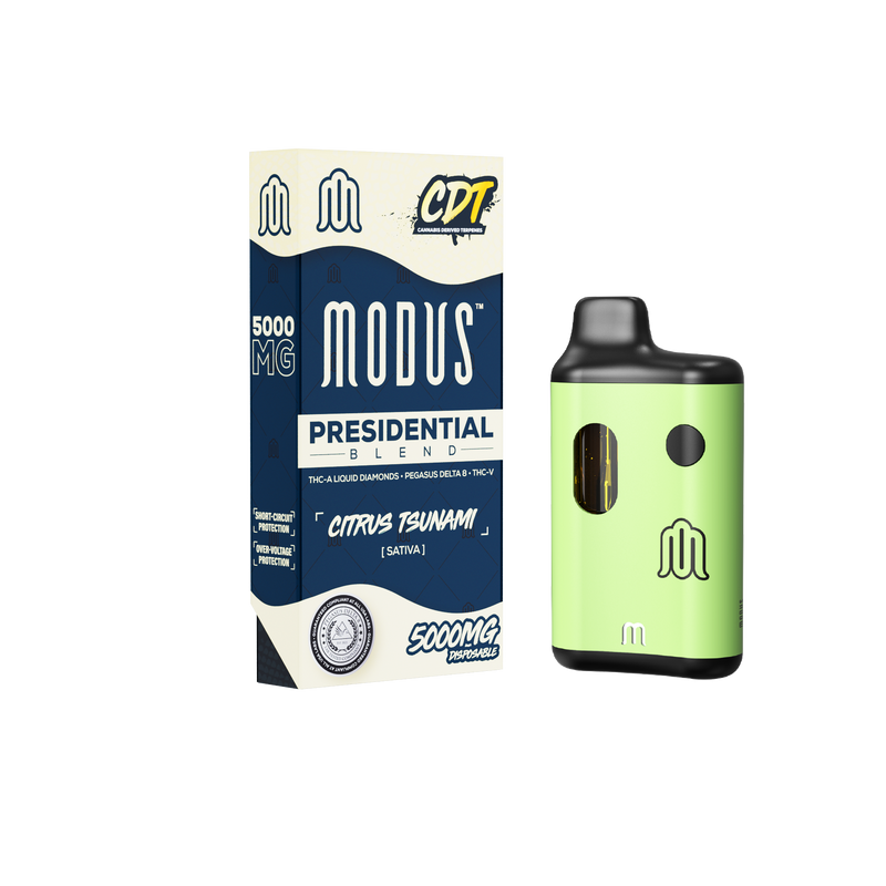 Modus Presidential Blend Disposable | 5g box labeled "Citrus Tsunami" next to a green Disposable Vape Pen, infused with THC-A Liquid Diamonds by Modus.