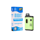 Image of a Modus Presidential Blend Disposable | 5g next to its packaging, labeled "Presidential Blend" with 5000mg of "Cotton Candy Gelato" flavor (Indica). The green and black device boasts THC-A Liquid Diamonds for an elevated experience.